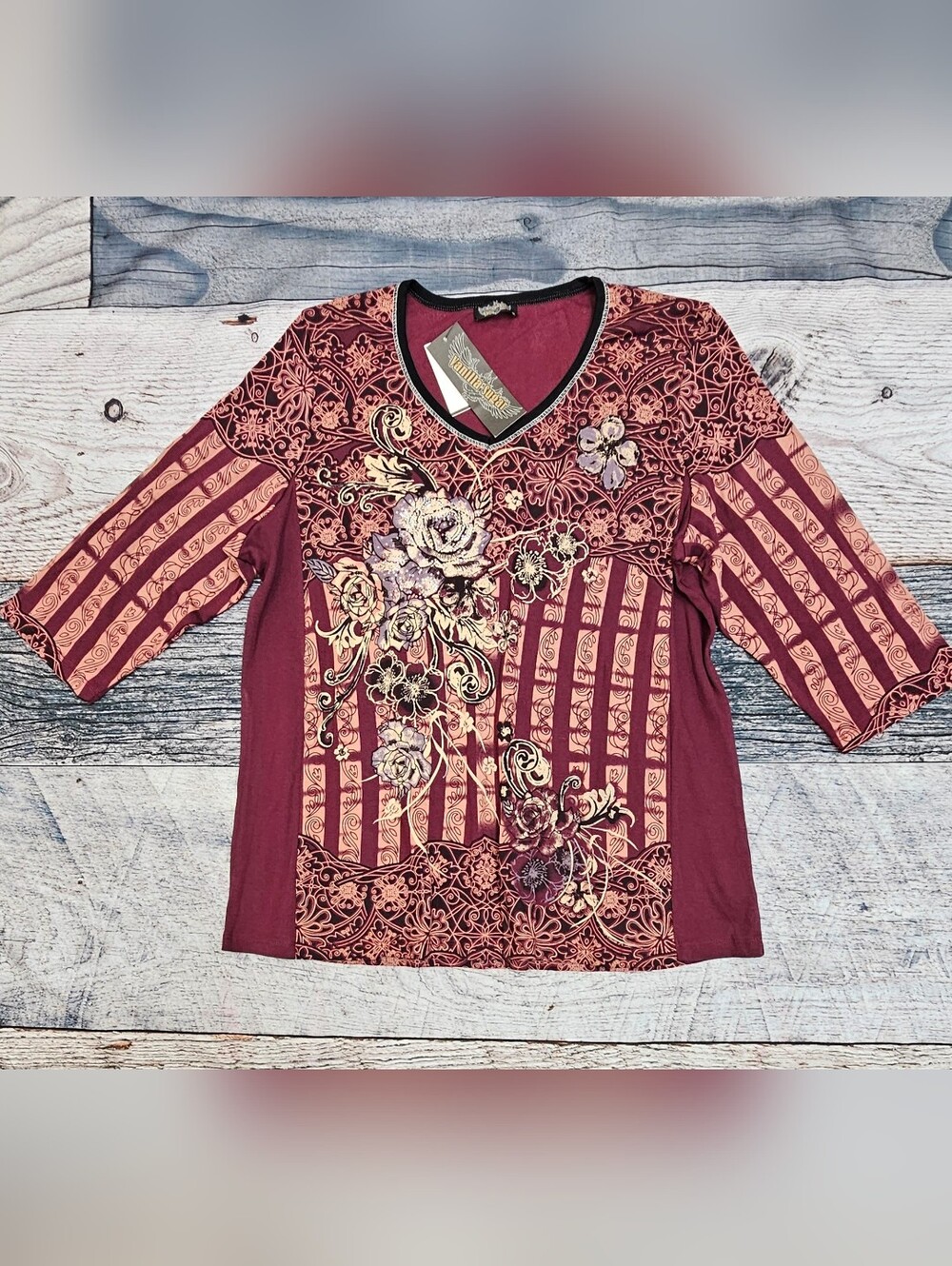 Vintage Vanilla Sugar Women's Size 3X Burgundy Floral Y2K Rhinestone 3/4 Sleeve